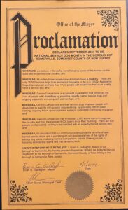 Proclamation declaring September 2024 to be National Service Dog Month in Somerville, Somerset County, New Jersey, signed by Brian G. Gallagher, Mayor, and Kevin Sluka, Municipal Clerk, dated 8/5/2024.