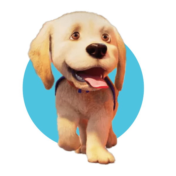 Animation of a happy yellow Labrador retriever puppy with its tongue out against a blue circular background.