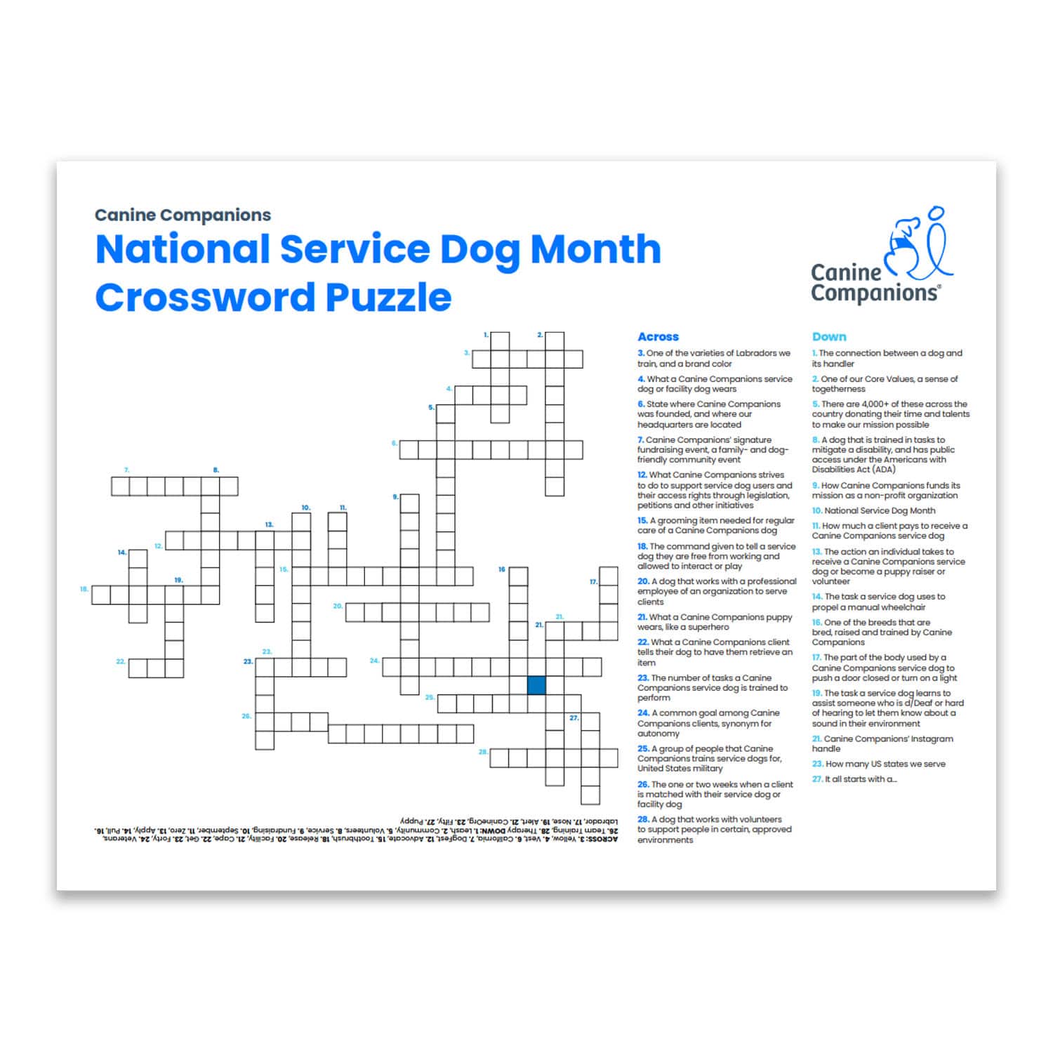 Canine Companions National Service Dog Month Crossword Puzzle.