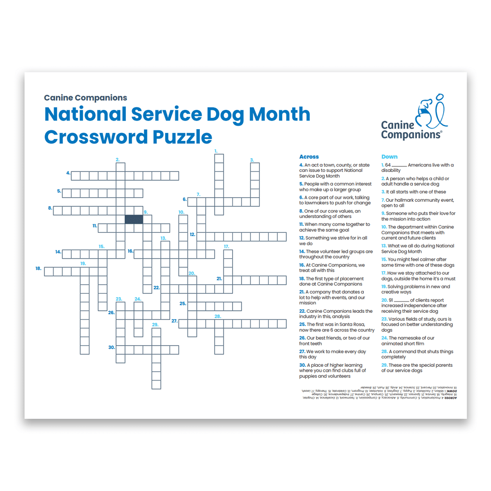 National Service Dog Month crossword puzzle with clues and a partially completed grid, created by Canine Companions.