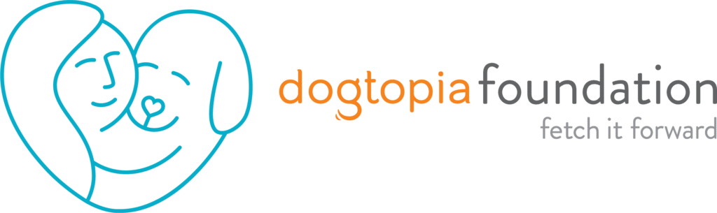 Dogtopia Foundation logo featuring an outline of a person and dog forming a heart shape, with the text "dogtopia foundation" and slogan "fetch it forward" to the right.