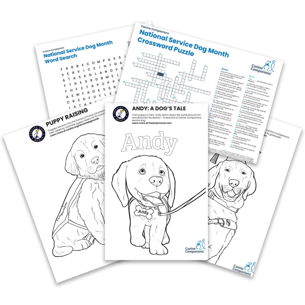 National Service Dog Month activity sheets from Canine Companions, including a word search, crossword puzzle, and coloring pages of a puppy named Andy.