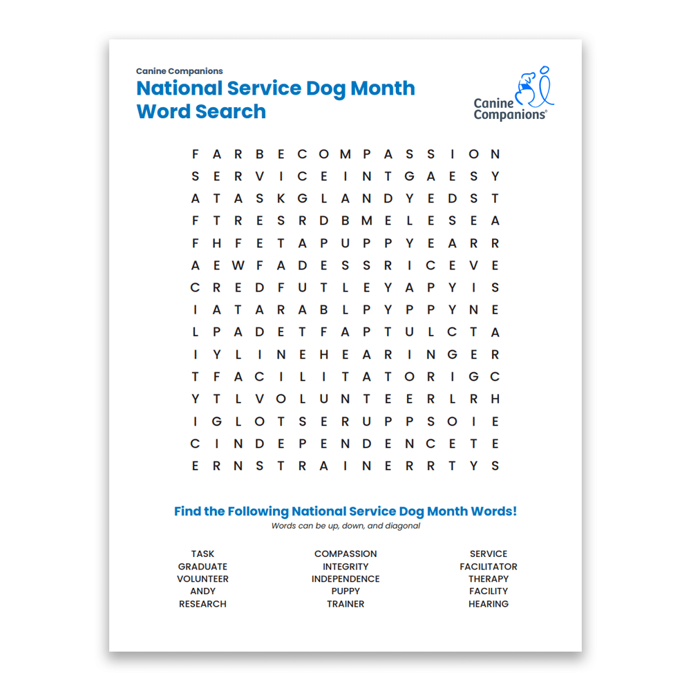 National Service Dog Month word search puzzle with words like "COMPASSION," "TASK," and "PUPPY" listed at the bottom to find in the grid above.