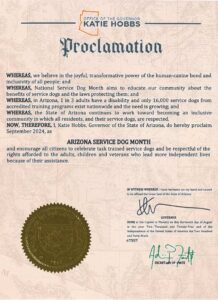 Proclamation from the Office of the Governor of Arizona, declaring September 2024 as Arizona Service Dog Month, with signatures and the state seal.