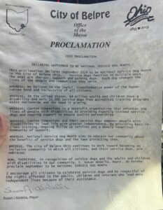 City of Belpre Mayor's Proclamation declaring September 2024 as National Service Dog Month, signed by Mayor Susan J. Abdella.