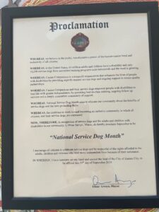 Proclamation signed by Mayor Omar Arroyo declaring September as "National Service Dog Month" in Haines City to honor and support service dogs and the people with disabilities they assist.