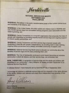 Proclamation from Hardeeville, South Carolina, declaring September 2024 as National Service Dog Month, signed by Mayor Harry Williams.