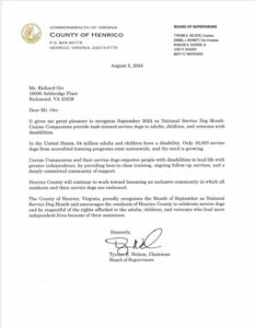 Letter from the County of Henrico recognizing September 2024 as National Service Dog Month, addressed to Mr. Richard Orr.