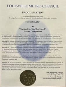 Louisville Metro Council proclamation recognizing September 2024 as "National Service Dog Month" honoring Canine Companions for their leadership in assisting those with disabilities.