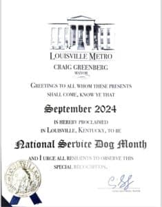 Proclamation declaring September 2024 as National Service Dog Month in Louisville, Kentucky, signed by the mayor.