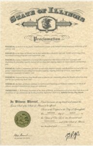 State of Illinois proclamation declaring September 2024 as National Service Dog Month, signed by the governor and Secretary of State.