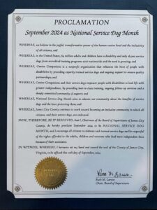 Proclamation declaring September 2024 as National Service Dog Month in James City County, with a seal and signature at the bottom.