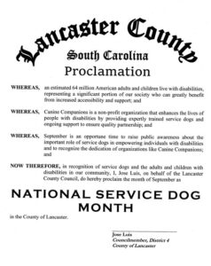 Lancaster County South Carolina Proclamation declaring September as National Service Dog Month in recognition of service dogs and individuals with disabilities. Signed by Jose Luis, Councilmember, District 4, County of Lancaster.