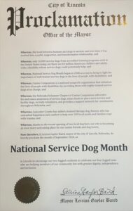 Proclamation from the mayor of Lincoln declaring the month of September 2024 as National Service Dog Month.