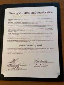 Town of Los Altos Hills Proclamation recognizing September 2024 as National Service Dog Month. Signed by the Mayor, Vice Mayor, and Councilmembers.