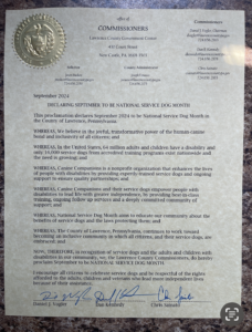 Proclamation declaring September 2024 to be National Service Dog Month in Lawrence County, Pennsylvania, signed by the Lawrence County Commissioners.