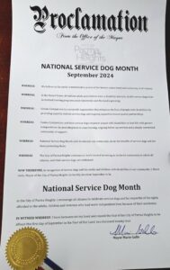 Proclamation declaring September 2024 as National Service Dog Month in Parma Heights, signed by Mayor Marie Gallo, with details highlighting the transformative power of service dogs and recognizing the efforts of Canine Companions.