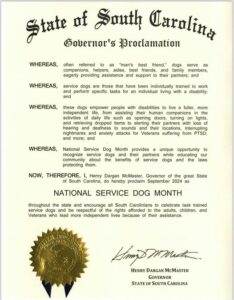 State of South Carolina Governor's Proclamation for National Service Dog Month for September 2024, signed by Governor Henry Dargan McMaster, emphasizing the importance of service dogs for people with disabilities and recognizing the benefits they bring to the community.