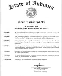 State of Indiana proclamation from Senate District 30 recognizing September 2024 as National Service Dog Month, highlighting the benefits of service dogs and the efforts of Canine Companions. Signed by State Senator Fady Qaddoura.