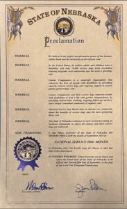 State of Nebraska Proclamation declaring September 2024 as National Service Dog Month, signed by the Governor and Secretary of State.