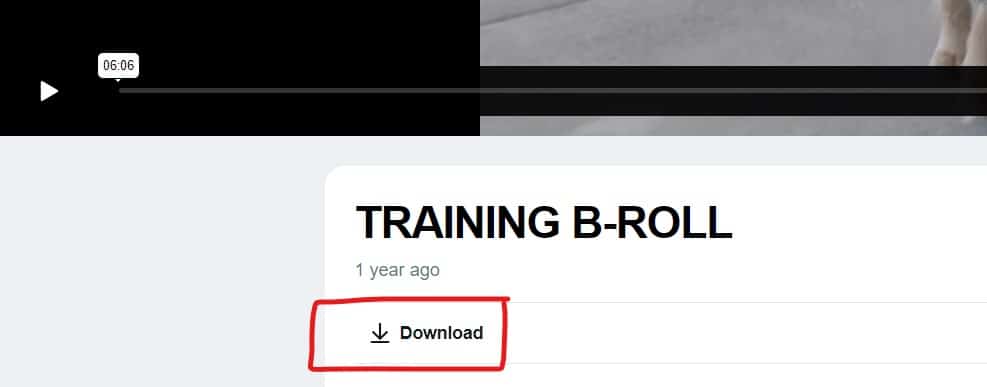 Screenshot of a video titled "TRAINING B-ROLL" with a timestamp of 6:06, uploaded 1 year ago, featuring a "Download" button highlighted in red.