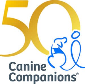 "50 Canine Companions" logo featuring a golden number 50 and a blue line drawing of a person with a dog.