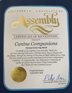 Certificate of Recognition from the California Legislature Assembly presented to Canine Companions for National Service Dog Month, thanking them for providing service dogs to people with disabilities.