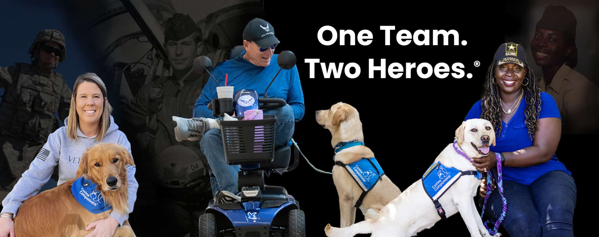 Two people with service dogs wearing "Canine Companions" vests, alongside military photos in the background. Text reads "One Team. Two Heroes."