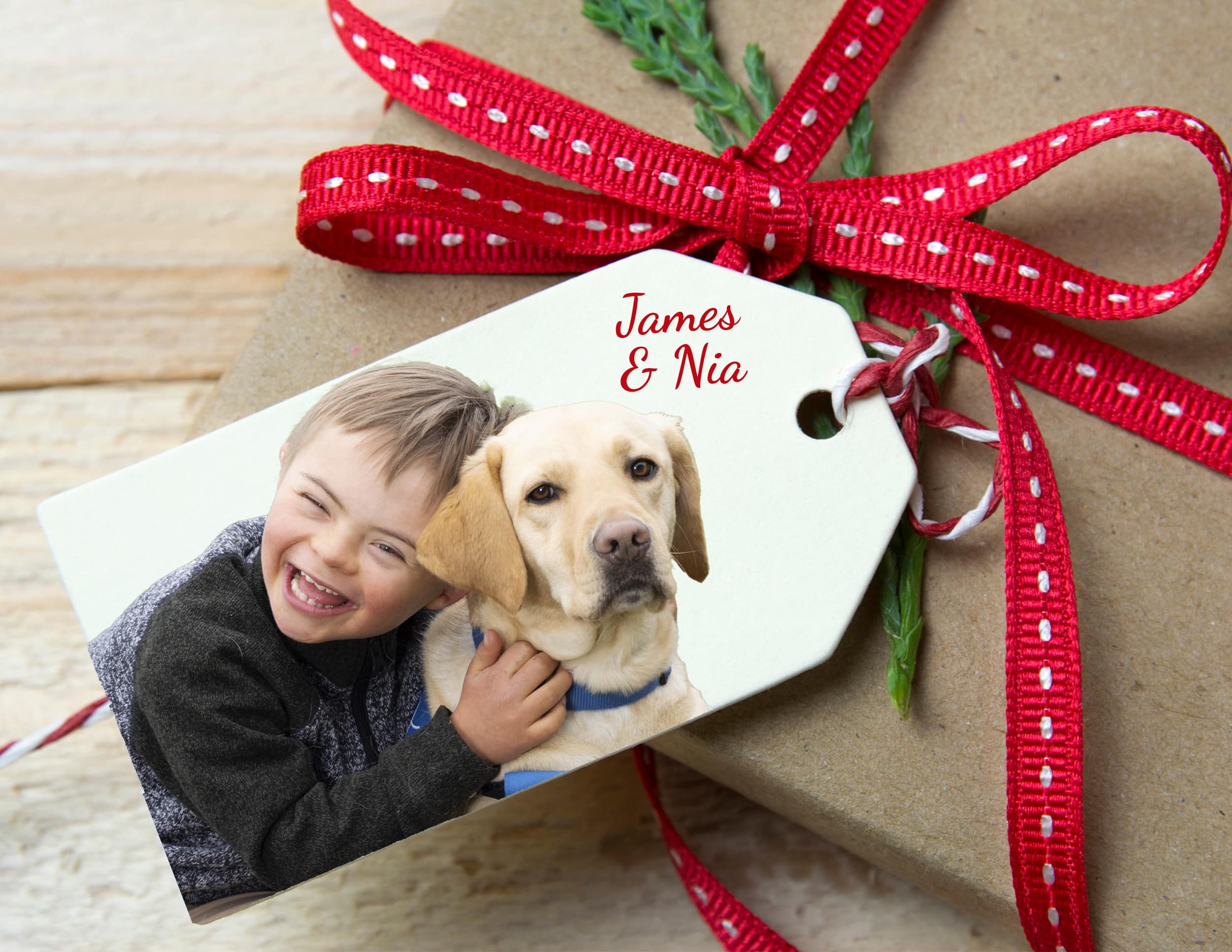 Gift tag with a photo of a smiling child hugging a Labrador dog, attached to a present with a red ribbon.