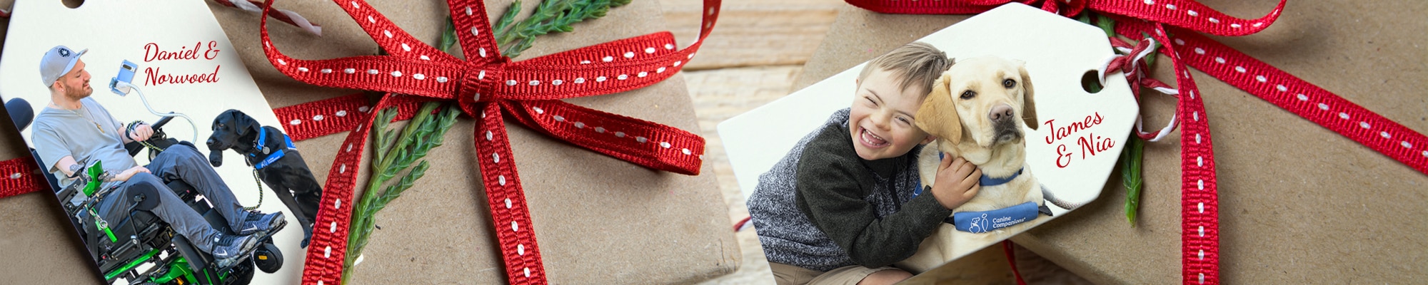 Gift tags on wrapped presents with red ribbons, showing a man in a wheelchair with a dog and a boy hugging a dog.