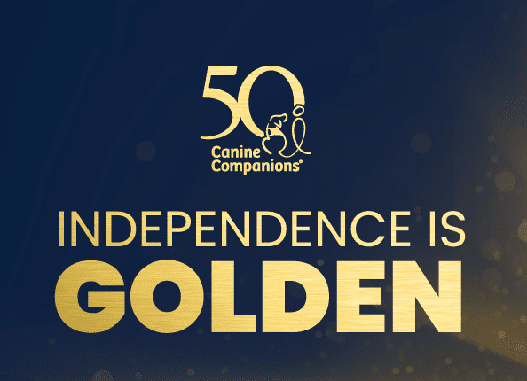 50th anniversary logo of Canine Companions with the phrase "Independence is Golden" in gold text on a dark background.