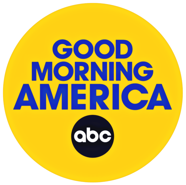 Yellow circle with "Good Morning America" in blue text and the ABC logo at the bottom.