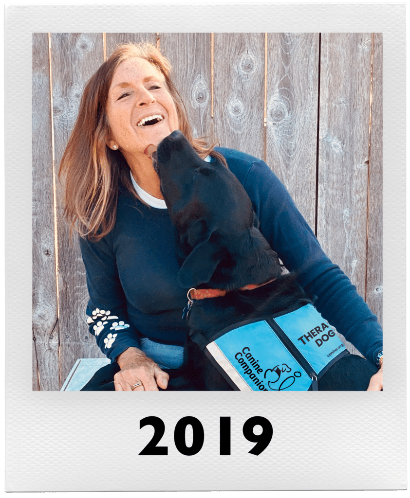 A woman laughing with a therapy dog wearing a "Canine Companion" vest in front of a wooden fence, labeled "2019" at the bottom.