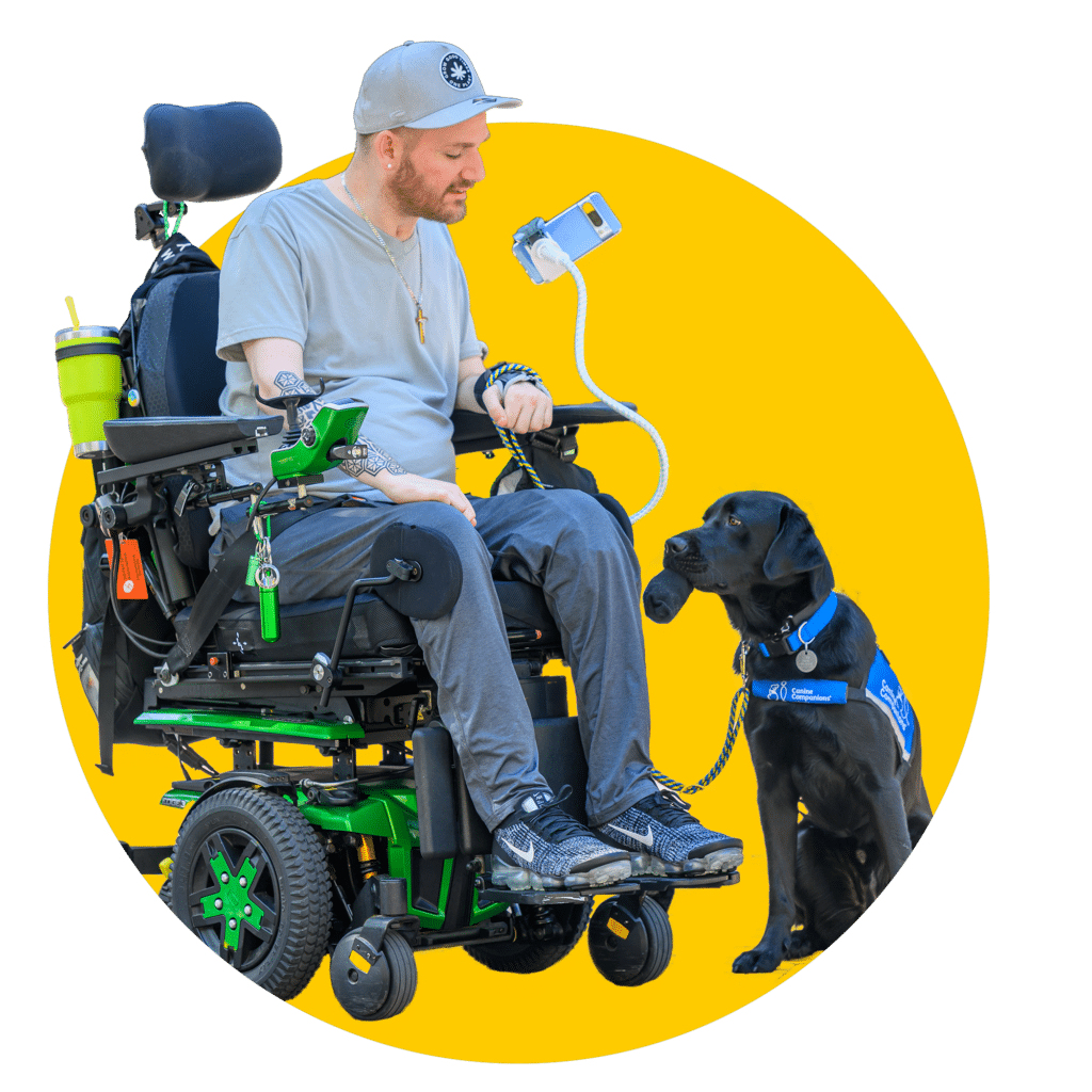 Man in a wheelchair with a service dog, set against a blue and yellow background.