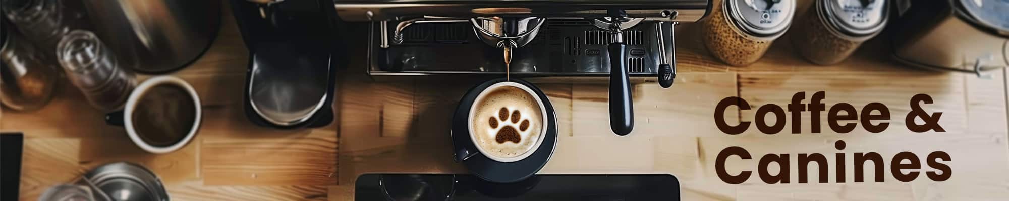 A top-down view of a coffee setup featuring a cup of coffee with a paw print design on the foam, surrounded by glass containers and brewing equipment, with the text "Coffee & Canines" prominently displayed.