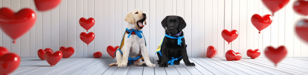 Two puppies, a yellow Labrador and a black Labrador, sit in a room decorated with floating red heart-shaped balloons against a wooden background. The yellow puppy is yawning, while the black puppy looks towards the camera.