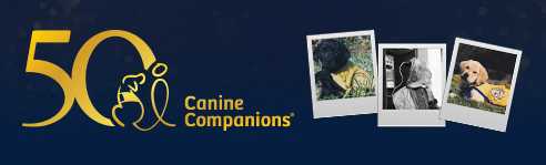 Logo celebrating 50 years of Canine Companions, featuring the text "50" alongside a stylized dog illustration and three photographs of service dogs wearing yellow vests. The background is dark blue with a subtle texture.