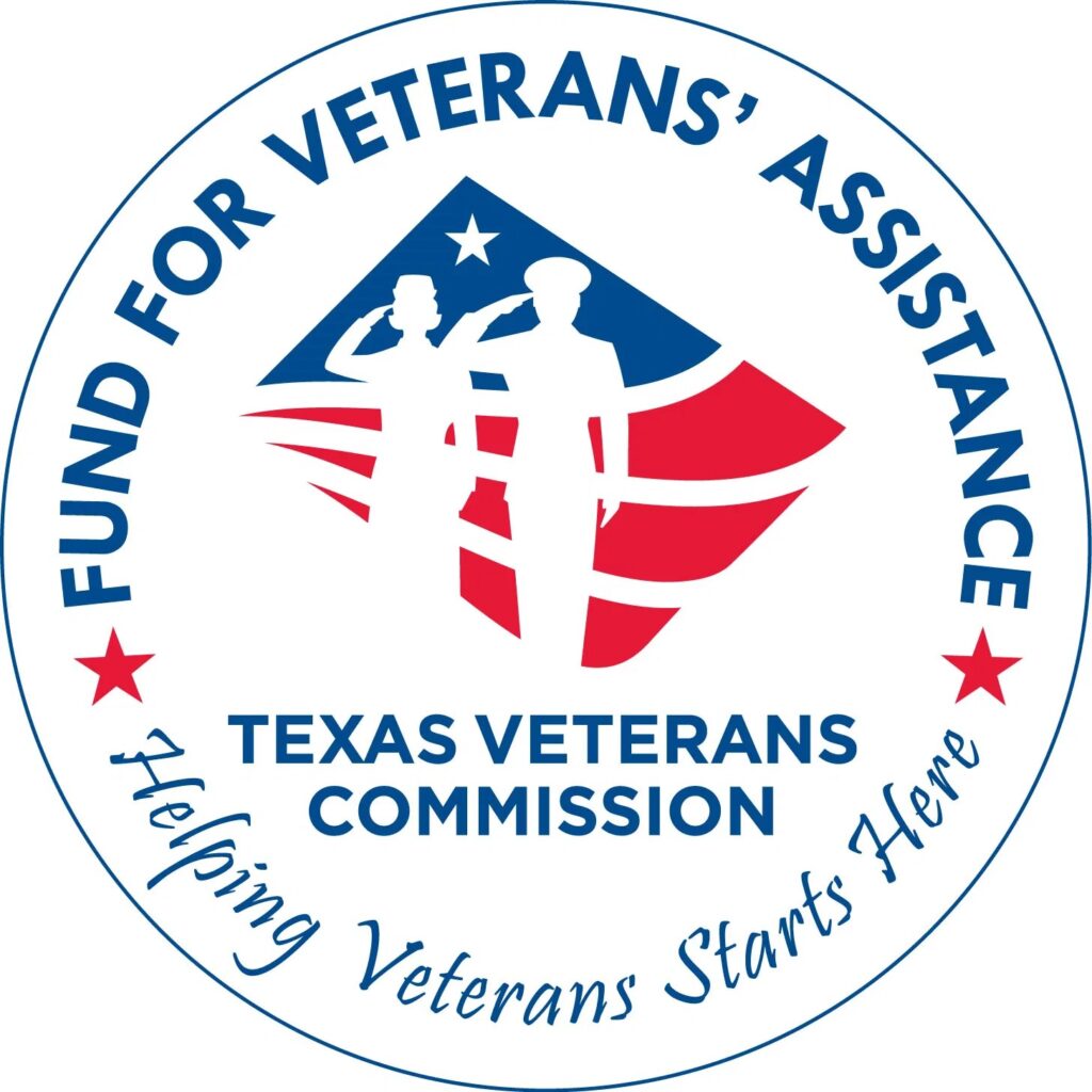 Logo for the Fund for Veterans' Assistance, featuring two military figures saluting against a backdrop of a patriotic star and stripes design in red, white, and blue, with text reading 'Texas Veterans Commission' and 'Helping Veterans Starts Here.'