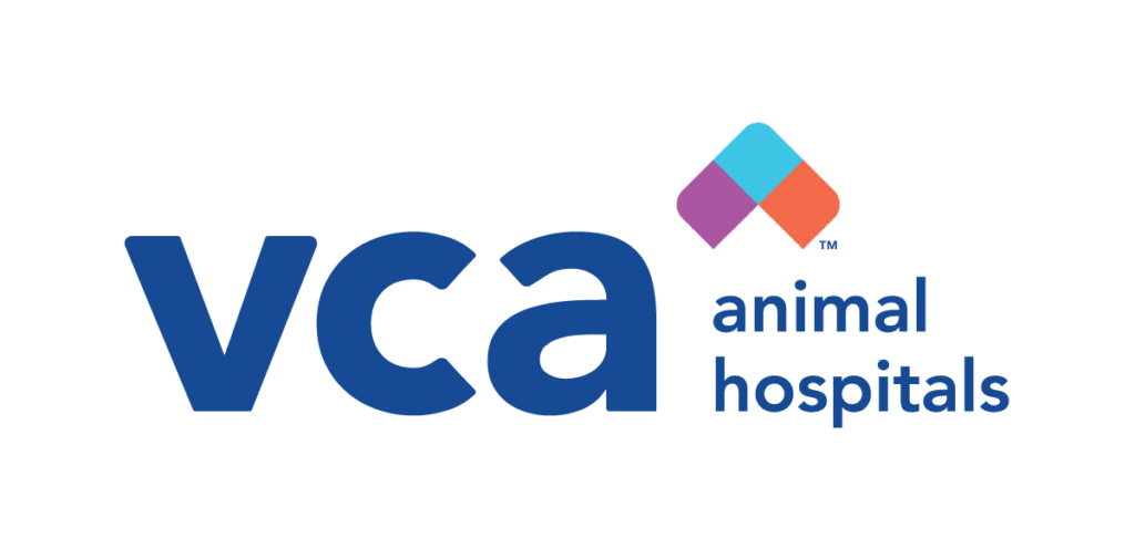 Logo of VCA Animal Hospitals featuring the letters VCA in blue and the words 'animal hospitals' in a smaller blue font, accompanied by a colorful diamond shape made of purple, blue, and orange at the top right corner.