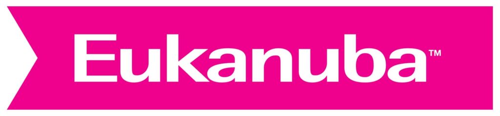 Logo for Eukanuba, featuring the brand name in bold white font on a bright pink banner background.