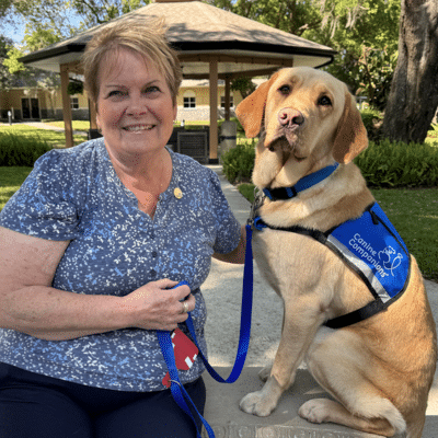 A smiling woman with short hair is sitting beside a yellow Labrador Retriever, who is wearing a blue vest labeled 'Comfort Companion.' They are outdoors in a park-like setting, with a gazebo and greenery in the background.