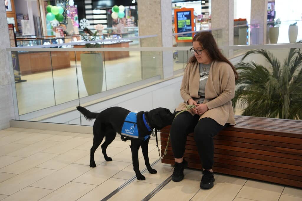 A woman sitting on a wooden bench in a shopping mall, wearing a beige cardigan and black pants, is holding a leash connected to a black service dog wearing a blue vest. The mall features shops in the background with decorative balloons and plants.