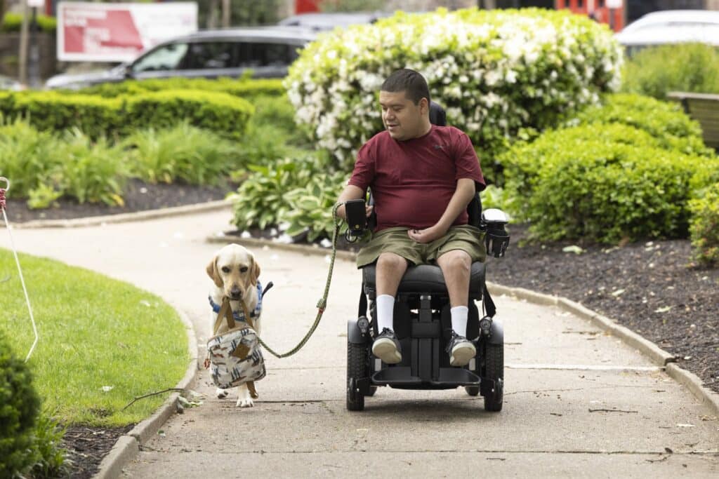 A person in a red shirt sitting in a power wheelchair, smiling as they walk along a shaded path, accompanied by a yellow Labrador retriever carrying a small bag in its mouth.