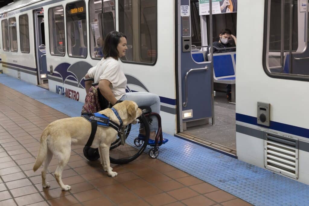 A woman in a wheelchair with a service dog waits to board a subway train. The dog is wearing a harness that identifies it as a service animal. Inside the train, a masked passenger sits on a blue seat.