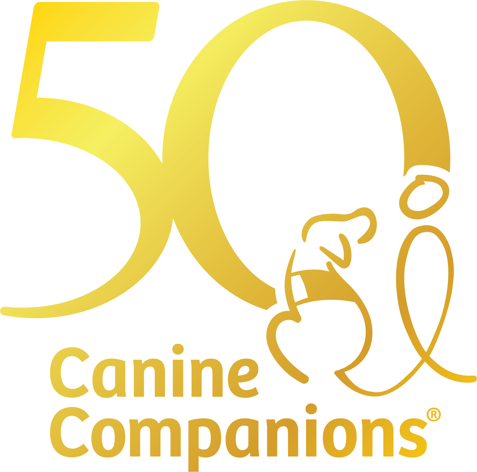 Logo featuring the number "50" and the text "Canine Companions" in a gold color scheme, with a stylized outline of a person and a dog.