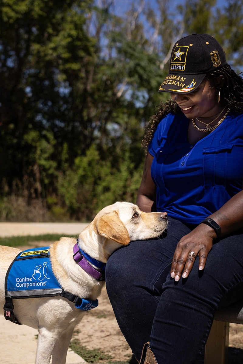 A woman wearing a blue shirt and a black cap with military insignia sits on a bench, smiling at a yellow Labrador retriever in a blue service vest that reads 'Canine Companions.' The dog is resting its head against her leg in a natural outdoor setting.