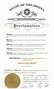 A proclamation from the State of Oklahoma declaring September 2025 as 'Service Dog Month,' highlighting the importance of service dogs for individuals with disabilities, the need for education about their benefits, and the commitment to protecting them within the community.