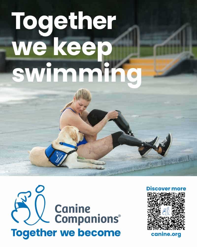 A woman with prosthetic legs sits by a pool, leaning towards a yellow Labrador retriever wearing a blue harness, both looking relaxed and engaged, with overlay text reading 'Together we keep swimming.' The bottom features a logo for Canine Companions with the phrase 'Together we become.'