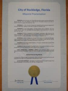 A mayoral proclamation from the City of Rockledge, Florida, declaring September 2025 as National Service Dog Month, highlighting the importance of service animals and the role of organizations like Canine Companions in supporting people with disabilities.