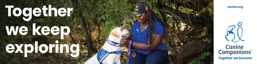 A smiling woman in a blue shirt and a cap interacts with a yellow Labrador retriever outdoors, surrounded by greenery. The image includes text promoting exploration and a logo for Canine Companions.